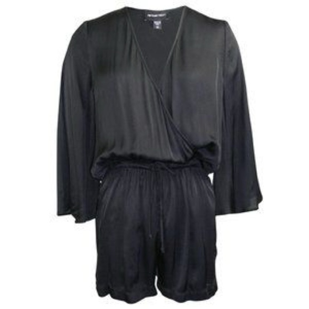Fifteen Twenty Black Silky Satin Bell Sleeve Surplice V Neck Shorts Romper S